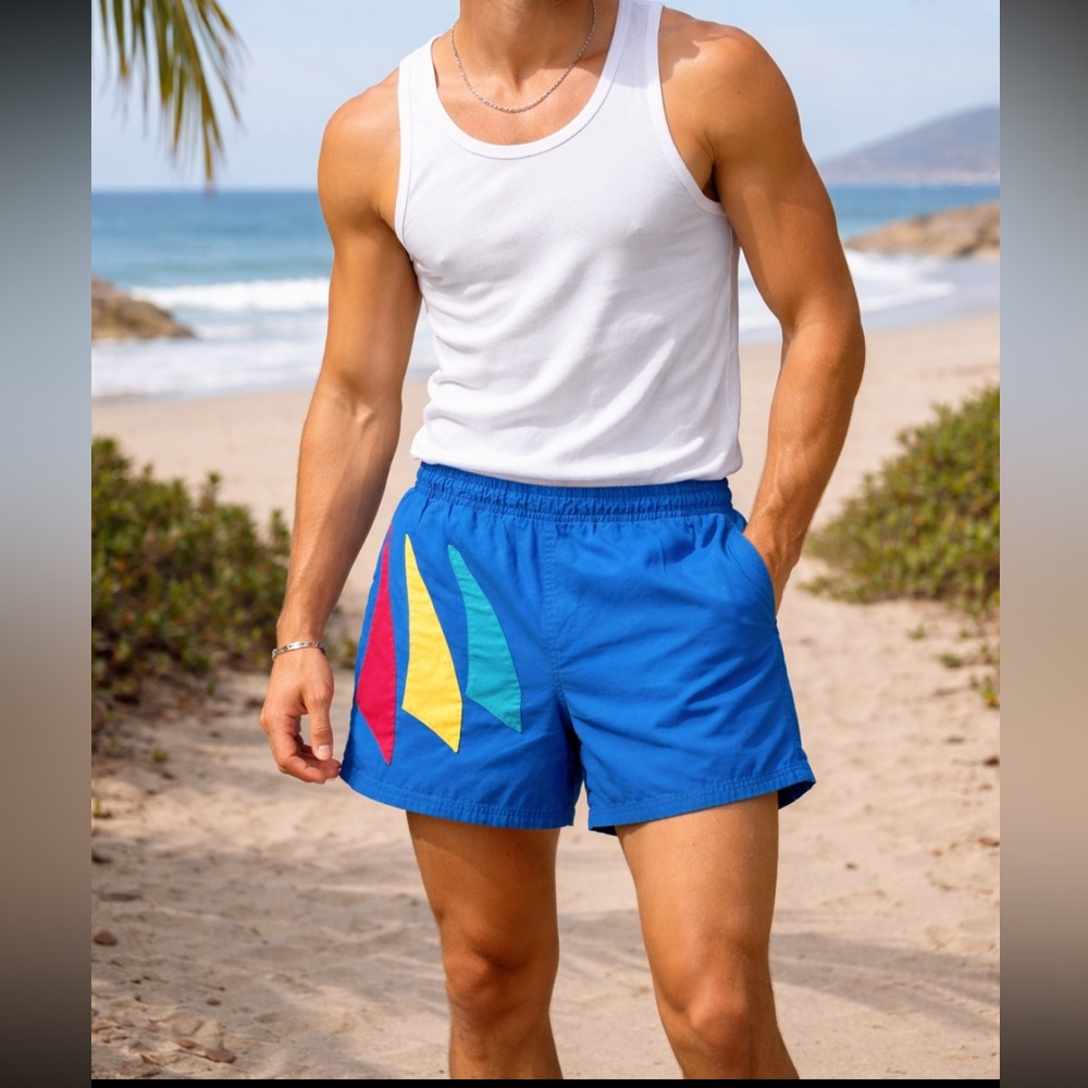 Vintage 90’s Athletic Works Color Block Swimsuit Trunks. Men’s Sz-L Dopamine